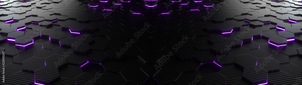 Poster abstract hexagonal geometric ultra wide background. structure of lots of hexagons of carbon fiber wi