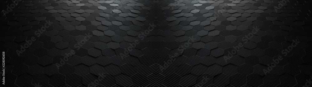 Poster black abstract hexagonal geometric ultra wide background. structure of lots of hexagons of carbon fi
