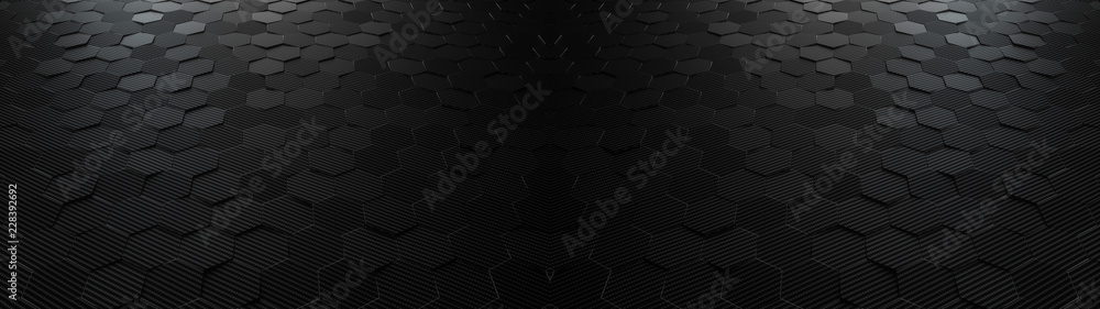 Poster black abstract hexagonal geometric ultra wide background. structure of lots of hexagons of carbon fi