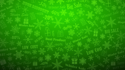 Background on winter discounts and special offers, made of snowflakes, inscriptions and gift boxes, in green colors