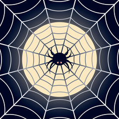 Halloween background. Spider and spider web on the moon background. Vector.