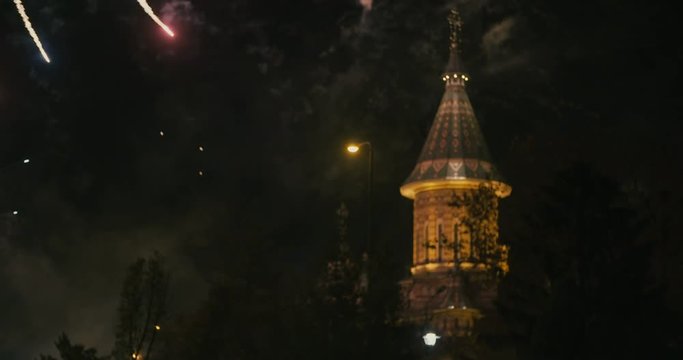 Beautiful fireworks show with the occasion of The Romanian National day on 1 December or New Year in Timisoara, Romania.