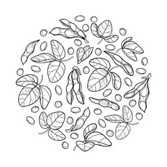 Vector round bunch with outline Soybean or Soy bean pod with beans and ornate leaf in black isolated on white background. Legume plant Soya in contour for vegetarian food drawing or coloring book.