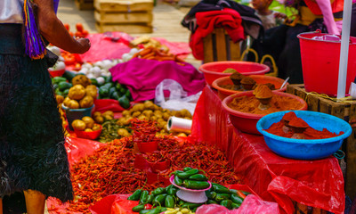 Red chillies on maya market in Mexico