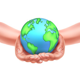 Vector realistic hands holding earth planet eco