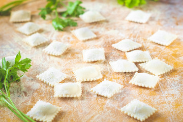 traditional white uncooked ravioli with cheese on a cutting board with flour, handmade, on a wooden table. cooking process