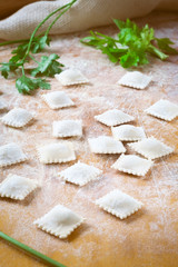 traditional white uncooked ravioli with cheese on a cutting board with flour, handmade, on a wooden table. cooking process