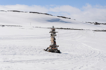 Direction signpost with distance to many different cities in Bellingshausen Russian Antarctic...