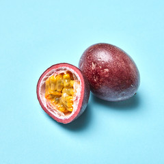 Passion fruit, passionfruit, maraquia whole and half isolated on white background.