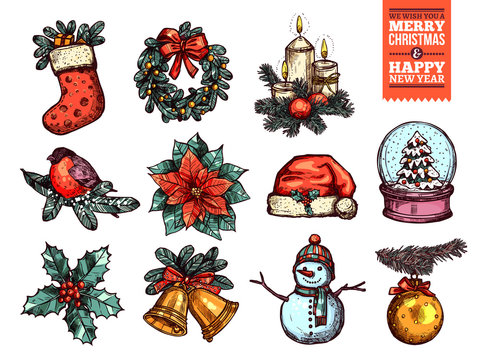 Christmas and happy New Year collection of sketch vector icons. Festive and holiday hand drawn colorful elements: sock with gifts and fir wreath, bullwinch on branch, poinsettia star and holly, santa 