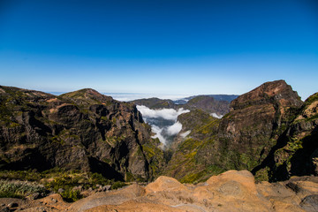 View of beautiful mountains Landscape of trek Pico do Arieiro to Pico Ruivo, Madeira island, Portugal