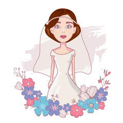 Bridal shower invitation. flower frame. Young beautiful bride is in an elegant wedding dress. Vector illustration for your design.Invitation, greeting card, template for the bride show