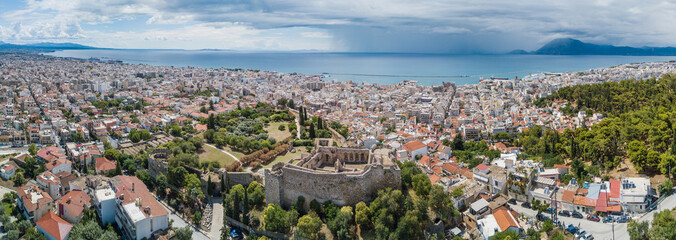 Aerial drone photo of famous town and castle of Patras, Peloponnese, Greece. Panorama