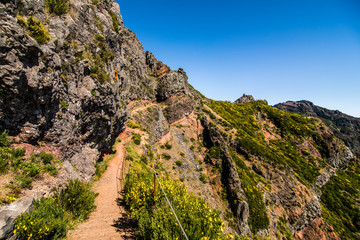 View of beautiful mountains Landscape of trek Pico do Arieiro to Pico Ruivo, Madeira island, Portugal