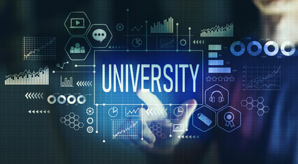 University with young man pointing on a dark background