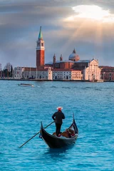 Poster Panoramisch luchtfoto op het eiland San Giorgio Maggiore met gondel, Venetië, Italië © muratart