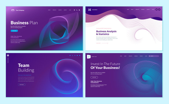 Set of web page design templates with abstract background for business plan, analysis and statistics, team building, investment. Vector illustration concepts for website development. 