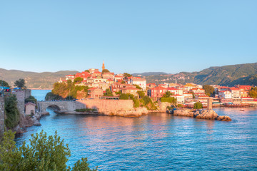 Beautiful cityscape on the mountains over Black-sea, Amasra. Amasra traditional Turkish architecture