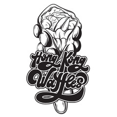 Hong Kong Waffles . Vector handwritten lettering made in 90's style. Hand drawn illustration of waffle Template for card, poster, banner ,print for t-shirt.