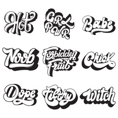 Vector handwritten lettering. Collection of pins for girls.  Template for card, poster, banner, print for t-shirt, badge, logotype.