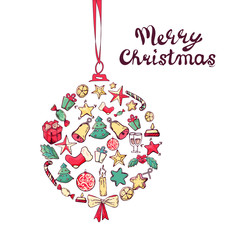 Christmas New year Doodle vector icons. Hand drawn. tree Candy, bell, star,gift,sock, bow, candle.in the form of Christmas tree toys, inscription Mary Christmas