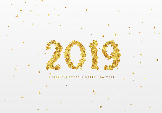 2019 New Year. Text from golden confetti, with bright sparkles.