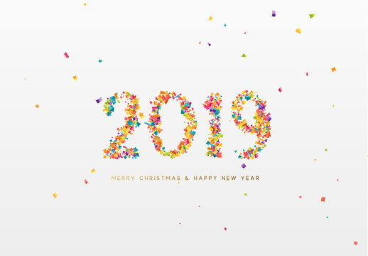 2019 New Year. Colorful text, numbers from confetti.