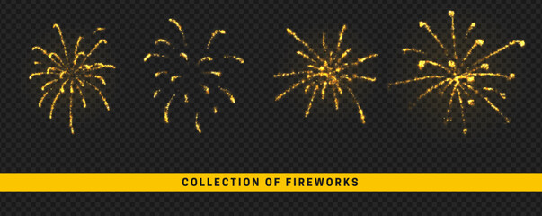 Golden light effect. Set festive fireworks isolated on transparent background. - obrazy, fototapety, plakaty