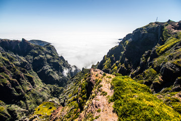 Hiking trail passage from mountain Pico Arieiro to Pico Ruivo, Madeira. Madeira best island destination.