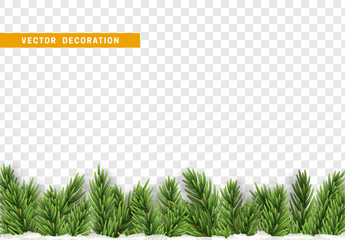 Christmas decorations. Border Xmas with pine tree branches and ornaments isolated on a transparent background.
