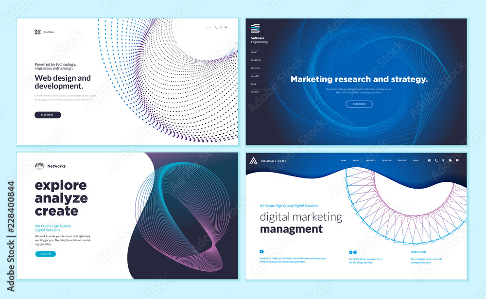 Poster set of web page design templates with abstract background for marketing research and strategy, web d