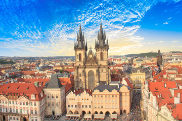 Naklejka na ściany i meble Beautiful view of the Old Town Square, and Tyn Church in Prague, Czech Republic
