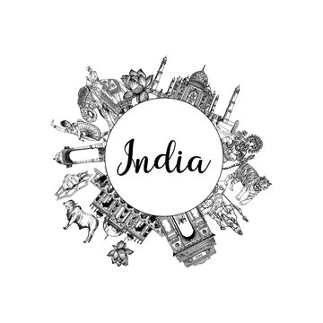 Hand drawn sketch style India themed objects. Vector illustration.