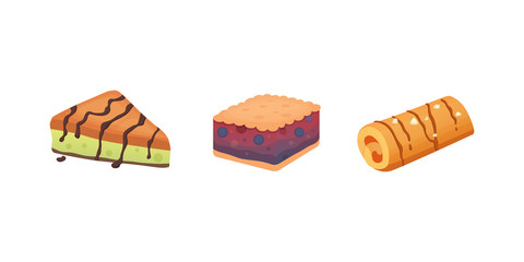 Sweets desserts objects collection, strawberry cakes, fruit and berry sweet pies with cream. Homemade bakery cake dessert pie vector set.