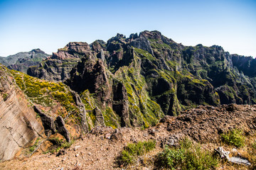 Trekking at the highest mountain of Madeira, Pico Ruivo, Portugal. Madeira best island destination.