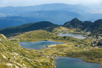 Fototapeta na wymiar Summer view of The Twin, The Trefoil and The Fish Lakes, Rila Mountain, The Seven Rila Lakes, Bulgaria