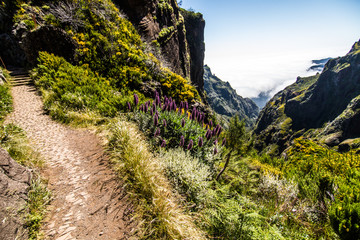 Colorful mountain ridge path with volcanic formations beside, Pico do Arieiro, Madeira, Portugal