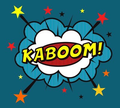 Explosion with stars and clouds comic style. Sound effect KABOOM!
