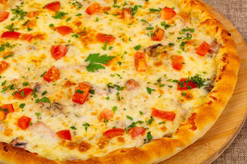 Seafood pizza with tomatoes