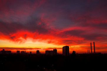 The view from the window on the residential area of Moscow in the evening. Colorful beautiful sunset.