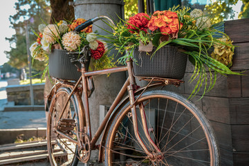 Naklejka na ściany i meble Old vintage bicycle decorated with flowers outdoors