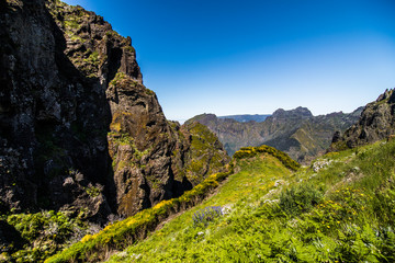 Hike between Pico do Areeiro and Pico Ruivo, Madeira, Portugal. Beautiful mountains landscape.