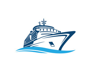 Vector Blue Traveling with Cruise Ship and Wave in the Ocean Sea Sign Symbol Icon Logo Template Design Inspiration