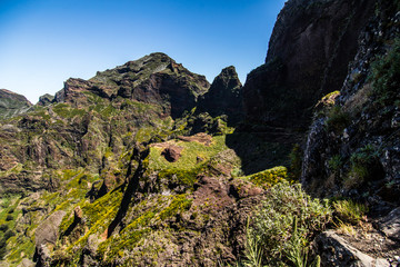 Hike between Pico do Areeiro and Pico Ruivo, Madeira, Portugal. Beautiful mountains landscape.