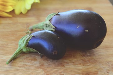 Fresh, adorable dark purple Eggplants harvested on an Organic Farm in Adjuntas Puerto, Rico. Farm fresh eggplant on the cutting board.