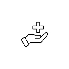 Obraz premium medical cross in hand; medical helping symbol; line black icon on white background