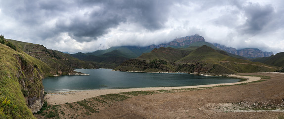 Lake with clear water in the mountainous region of the North Caucasus in Russia.