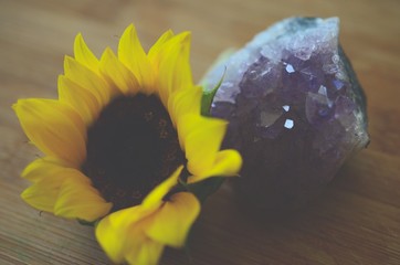 Healing crystals with a Sunflower, amethyst and smokey citrine. Faded vintage photo taken with a...
