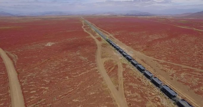 Mining train loaded across the flowery desert of Atacama in northern Chile, near the city of Vallenar.