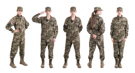 Set with female soldier on white background. Military service